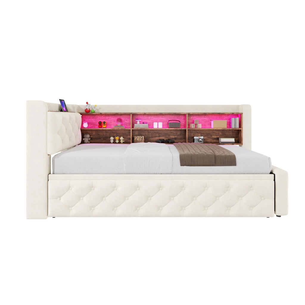 Divano letto estraibile 90x190 cm in velluto beige con contenitore, USB, Type-C e LED