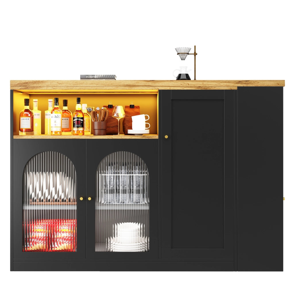 Bartisch Girevole 360¡ã con Scrivania, Credenza, LED e Ante in Vetro ¨C Xylo ¨C Nero Opaco, Legno, 198x39.6x97