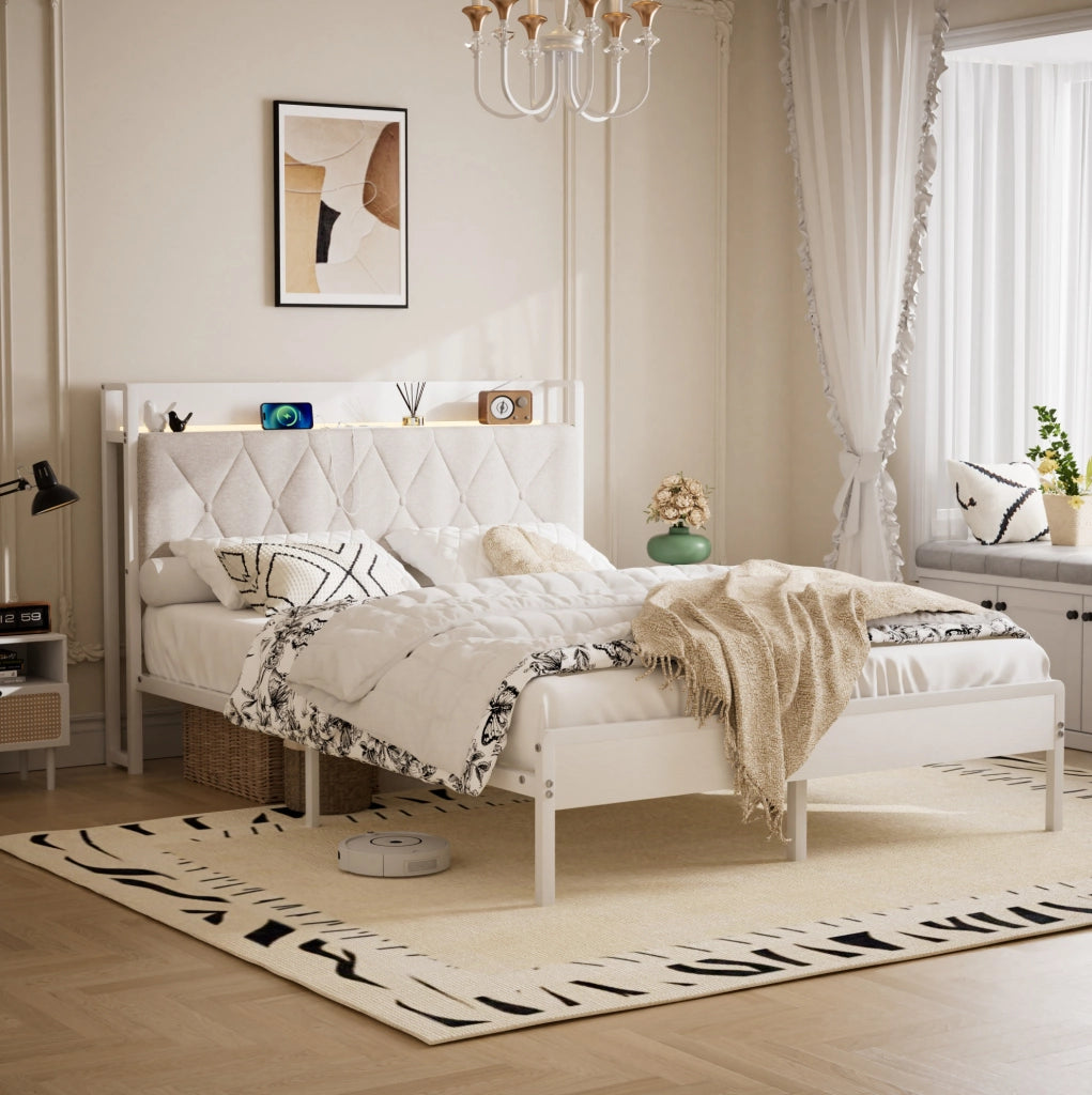 Letto matrimoniale imbottito 140x190 cm con LED, USB e spazio sottostante