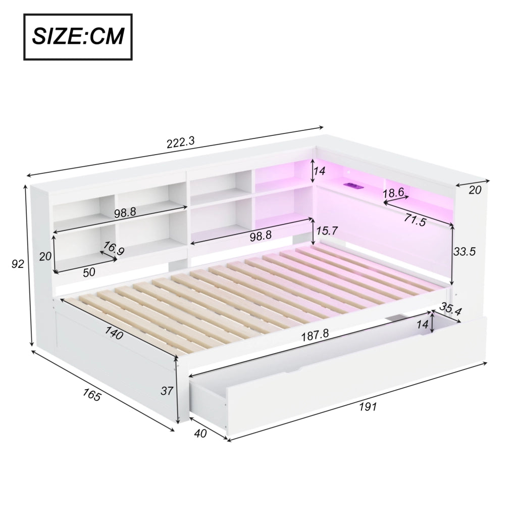 Divano letto 140x200 cm; con USB e LED; legno bianco