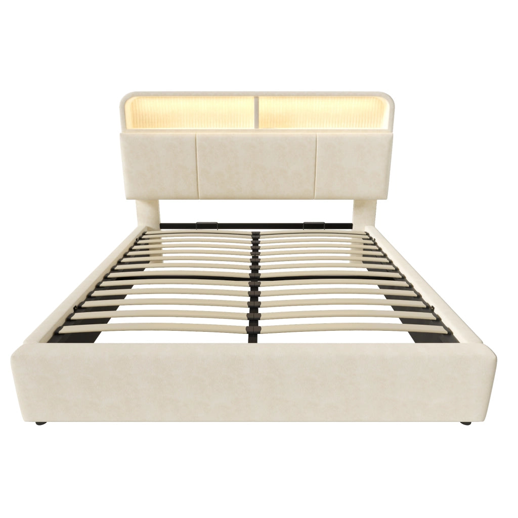 Letto imbottito idraulico 140x200cm con illuminazione LED; USB C e velluto in beige