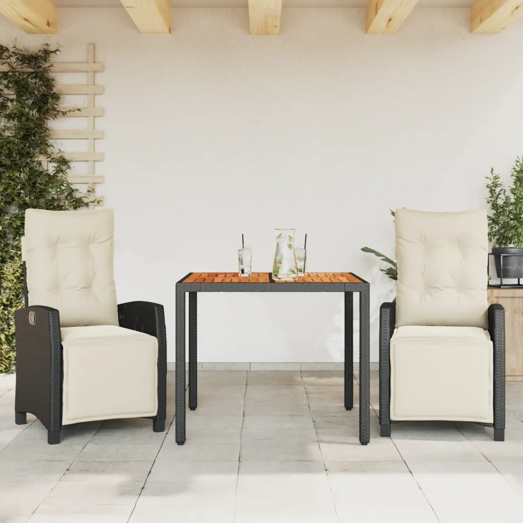 Set da Pranzo da Giardino 3 pz con Cuscini Nero in Polyrattan