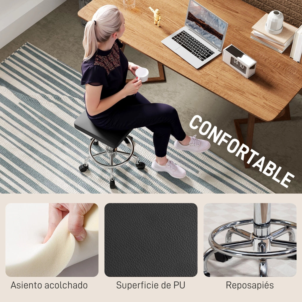 Sgabello Girevole Regolabile con Seduta Imbottita, Poggiapiedi e Ruote ¨C Minimal ¨C Nero 34x34x50-66 cm