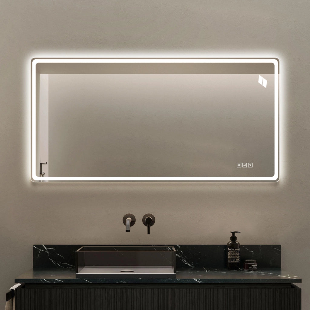 Specchio LED da bagno 60×120 cm con luce frontale e posteriore, antiappannamento, touch e montaggio verticale/orizzontale
