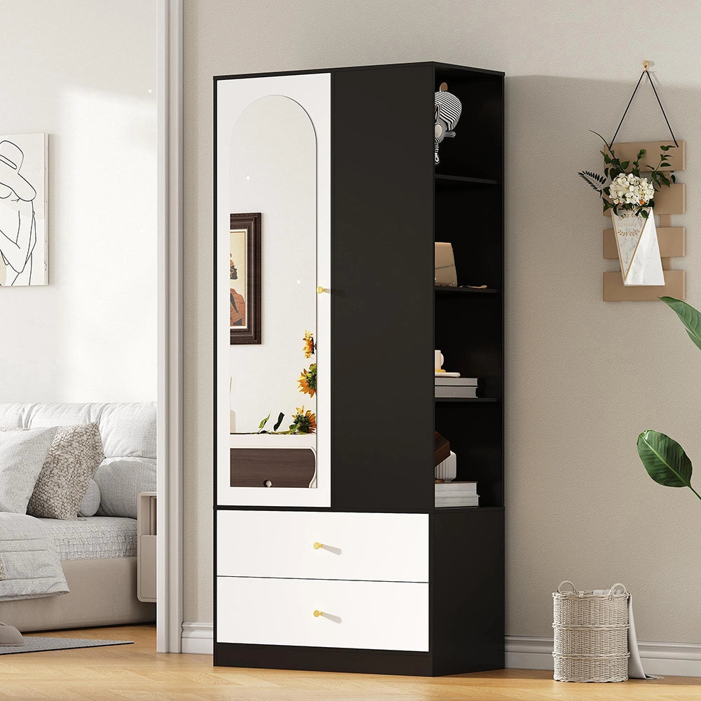 Armadio con specchio e porta - Xylo - 80x40x180 cm - Bianco e nero - 2 cassetti e 4 ripiani