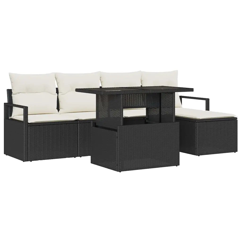 Set Divano da Giardino 6 pcs Nero e Crema polyrattan