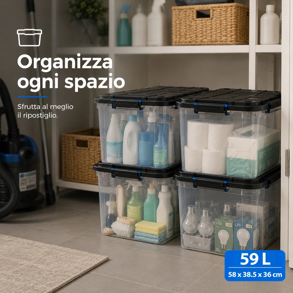 Set 4 Pezzi Contenitori con Coperchio Storage Box Solid Cargo 59L 58x38.5x36 cm