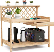 Tavolo per Piante in Legno, Tavolo da Giardino con Traliccio, Cassetto Rimovibile e Ripiano, Tavolino per Vasi di Fiori da Interno ed Esterno per Cortile, Balcone, Prato e Terrazzo