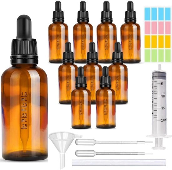 Set di fiale da pipetta da 10 pezzi - 50 ml - Fiale di vetro marrone - Riciclabili - Anti-UV - Inclusa con imbuto/pipetta - Fiale da dosaggio