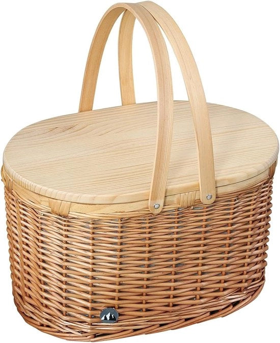 Carrello da picnic per 4 persone con cesto intrecciato e coperchio in legno di pino Carrello da picnic con compartimento frigorifero Set di piatti, posate e bicchieri Cesto di vimini con maniglie marrone chiaro Carrello da picnic