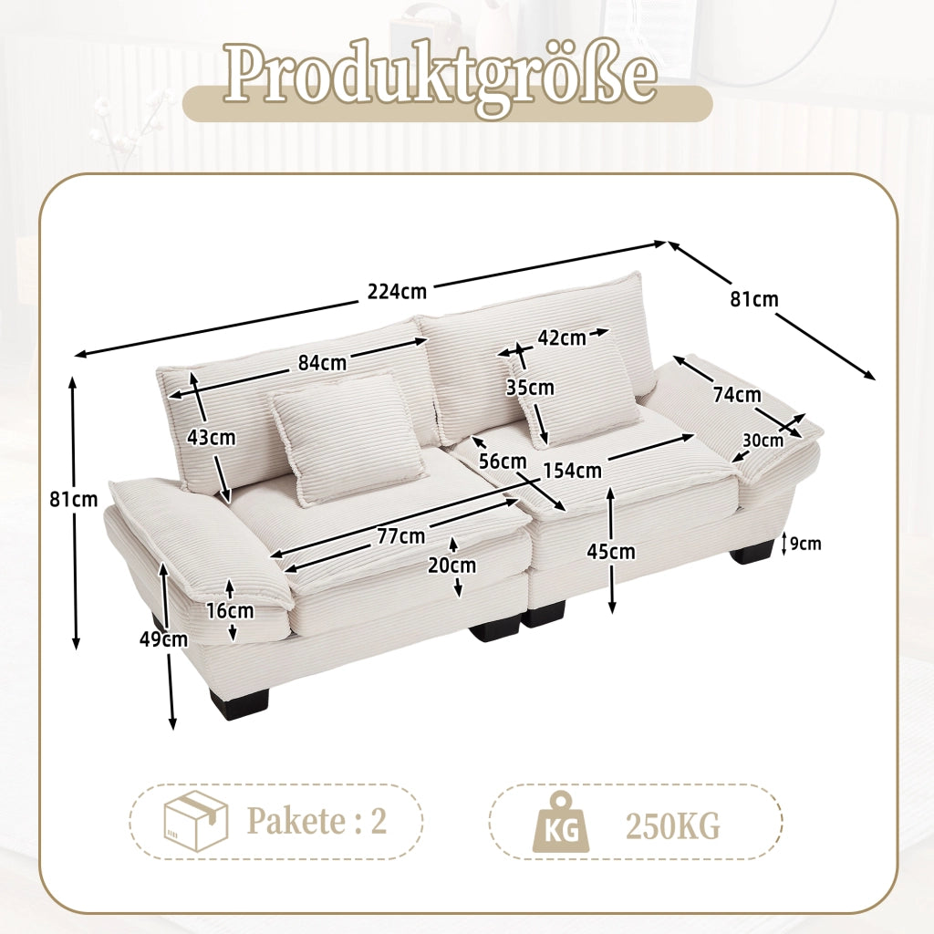 DIVANO 224x81x81 cm in velluto beige, 2 posti