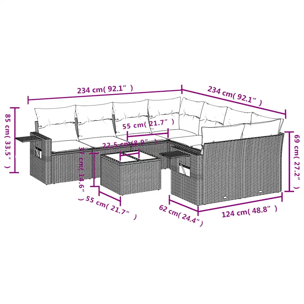 Set Divani da Giardino 9pz con Cuscini Marrone in Polyrattan 3252300