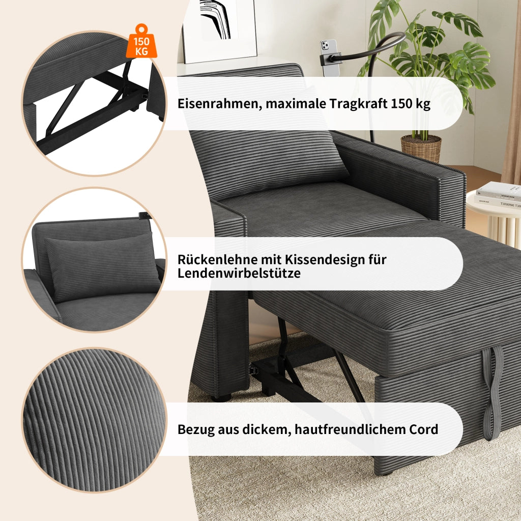 Poltrona Letto Pieghevole 1 Posto ¨C MINIMAL ¨C Tessuto Cord Grigio con Porta USB