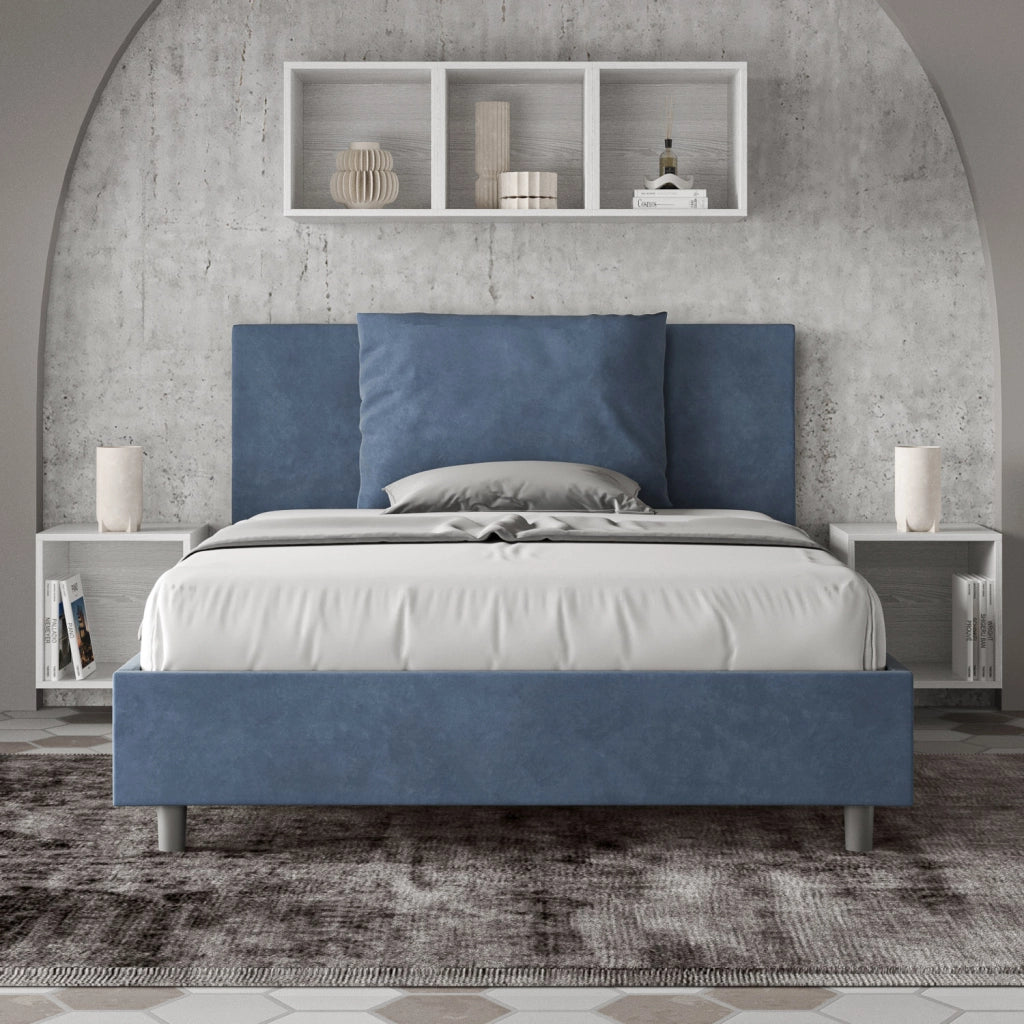 BS COM Letto una piazza e mezza senza rete imbottito 130x200 microfibra blu