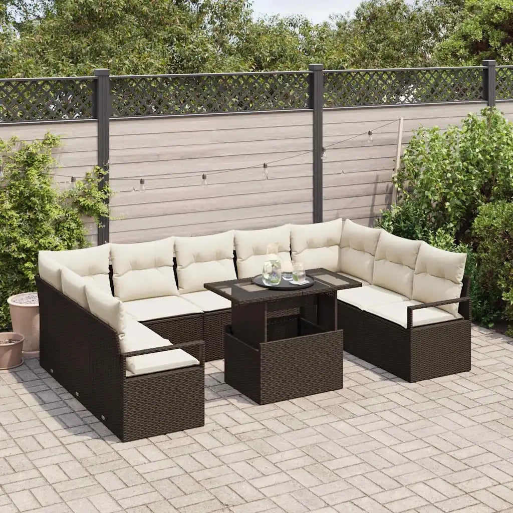 Set Divano da Giardino 10 pcs Marrone e Crema polyrattan