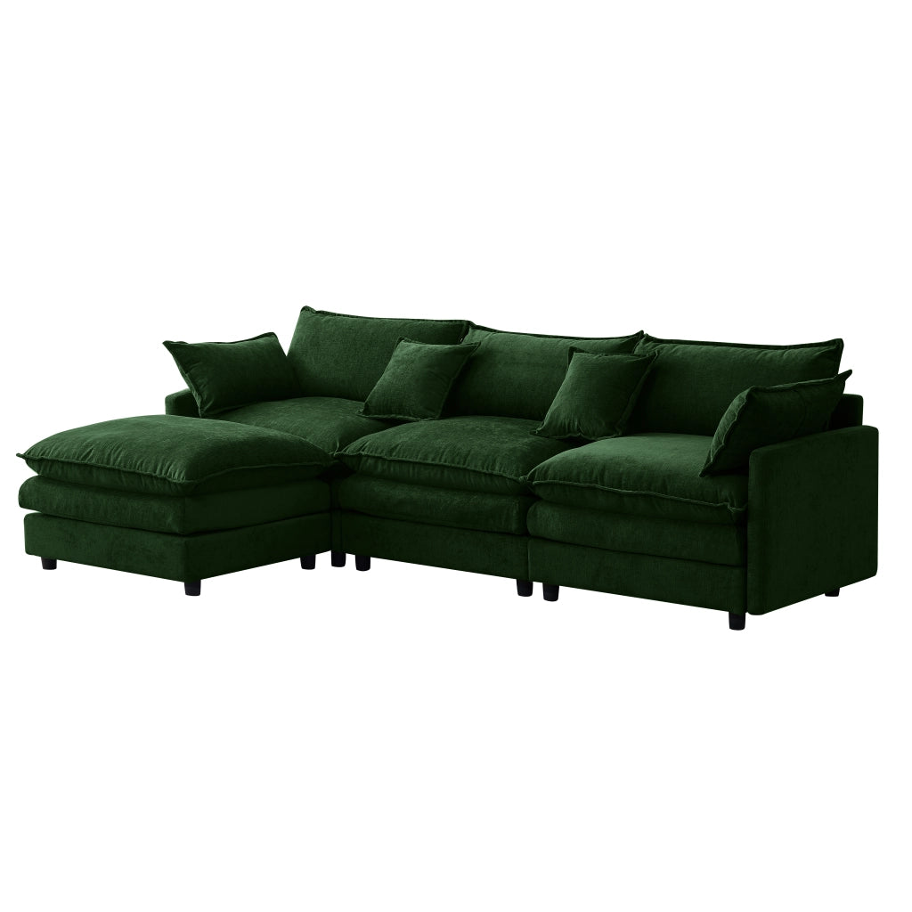 Divano angolare modulare 3 posti con chaise longue e pouf; in chenille verde