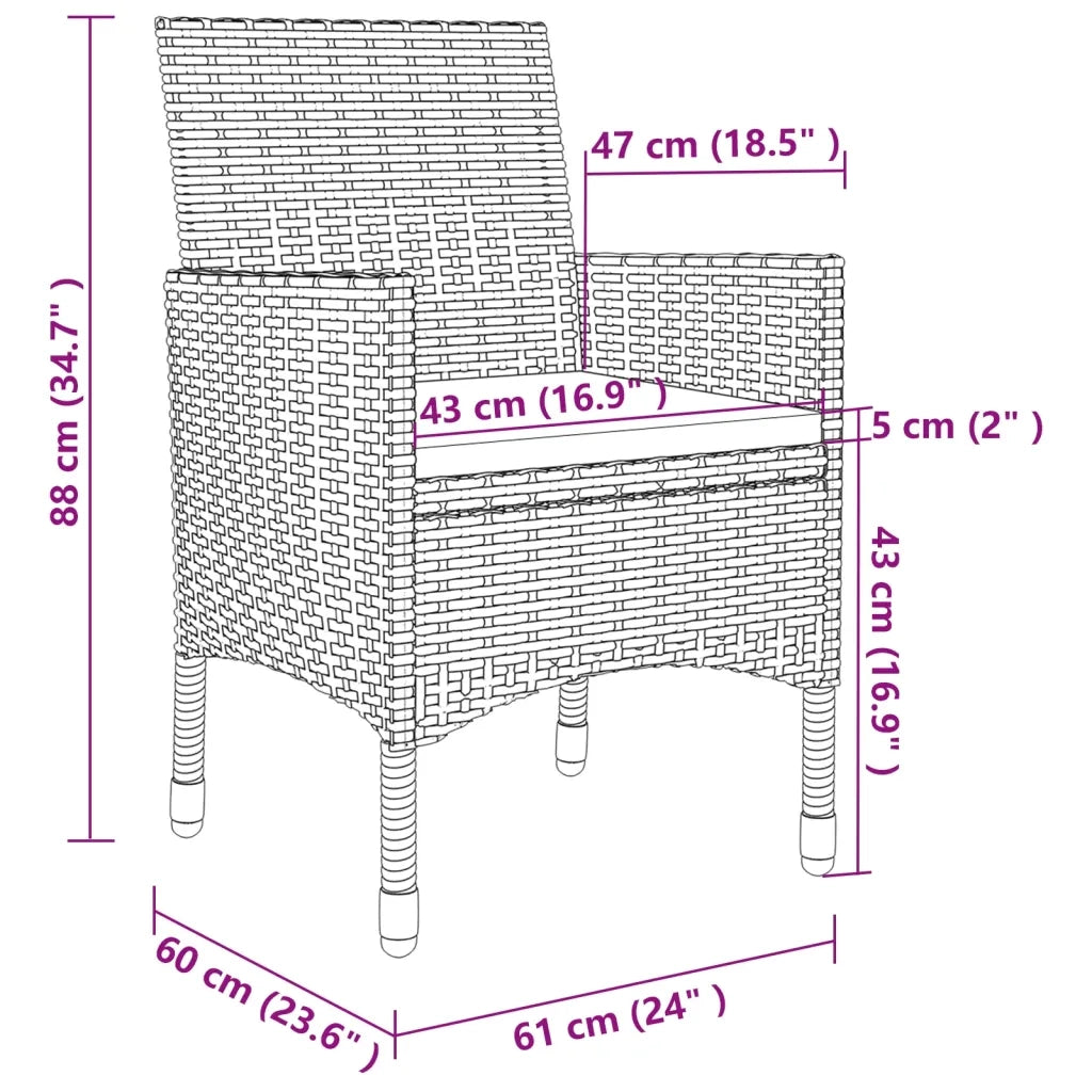 Set da Pranzo da Giardino 3 pz con Cuscini Polyrattan e Vetro 3099733