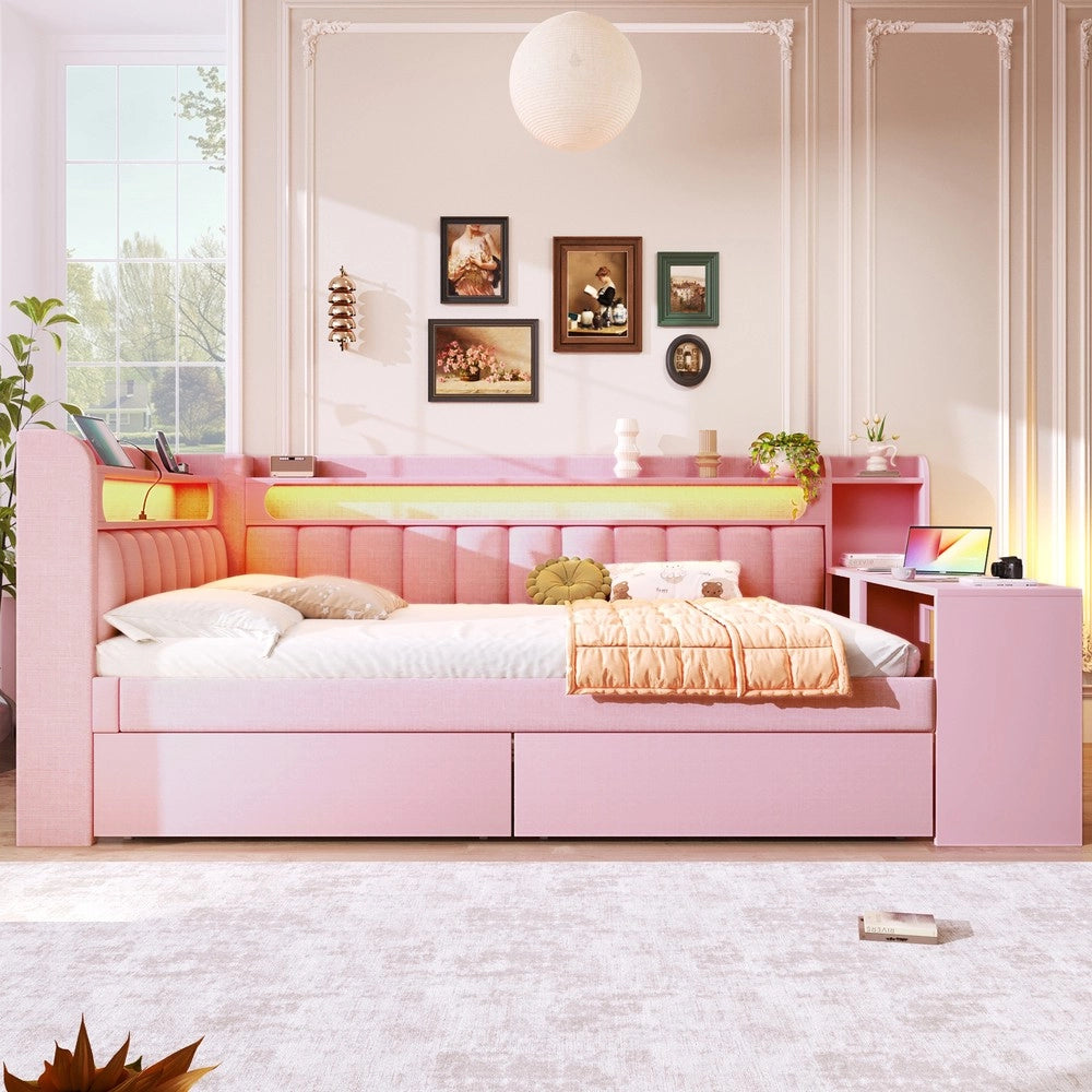 Letto Imbottito con Scrivania e Cassetti, LED e USB ¨C Xylo ¨C 140x200, Rosa