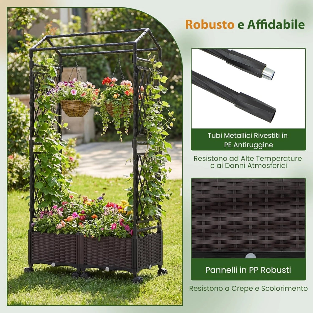 Fioriera Rialzata da Giardino con Grigliato, Tetto, Ruote Bloccabili e Irrigazione Automatica, Letto da Giardino Rialzato Alto in Rattan Impermeabile per Piante Rampicanti (Marrone)
