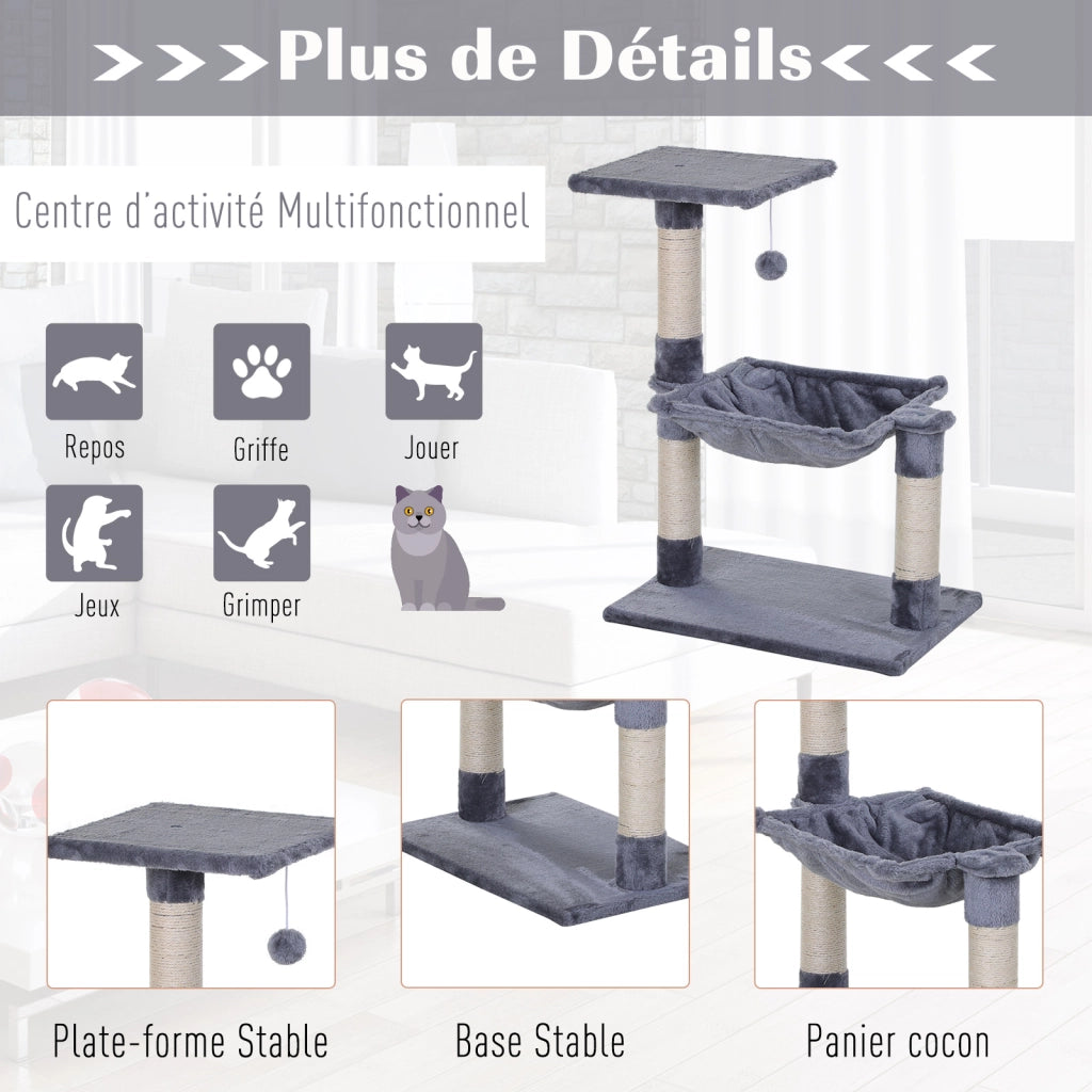 Arbre ¨¤ chat con 3 griffoirs, plateforme, hamac e boule ¨C Minimal ¨C grigio, 50x36x70 cm