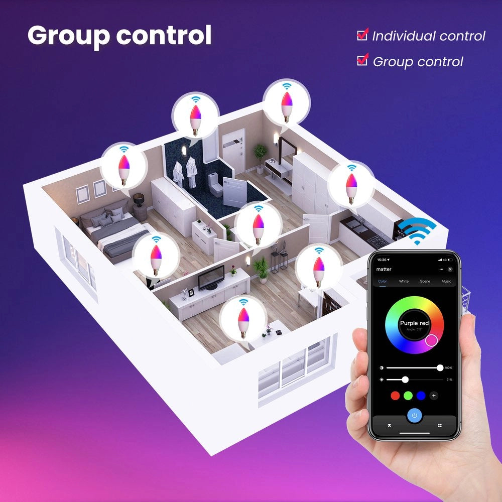Lampada Led Matter E14, RGB+CW, Matter WIFI 2.4G TUYA, Smart Life, Apple Home, Google Home, Alexa, SmartThings, AC 90-250V, 50/60HZ, 6W, 37X106mm, IP20, MU11406