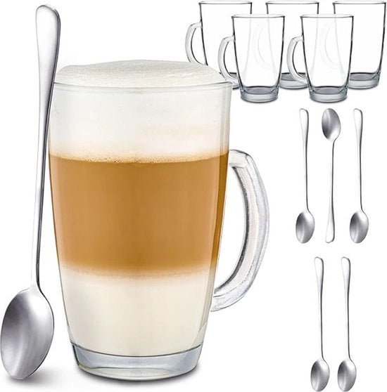 Set di 6 bicchieri da Latte Macchiato con manico e cucchiaio - 300ml
