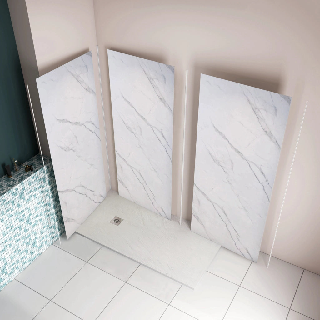 H.210 cm Pannello Doccia ad Angolo 90x100x100 cm Realizzato in Alluminio da 3 mm con Profili Finitura Bianco Alba per Rivestimento Parete Bagno