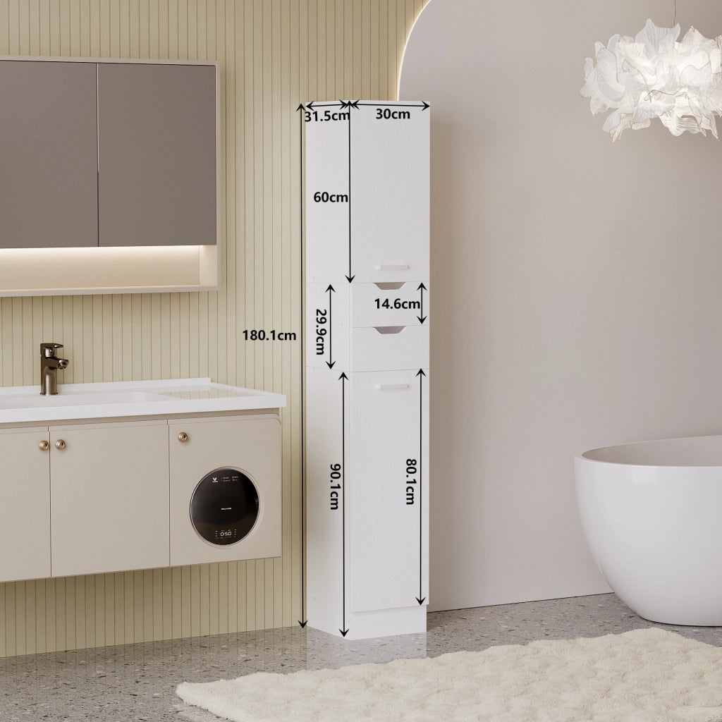 Armadio da bagno in legno bianco, colonna a scaffali, pratico e capiente, stile loft, 180 cm