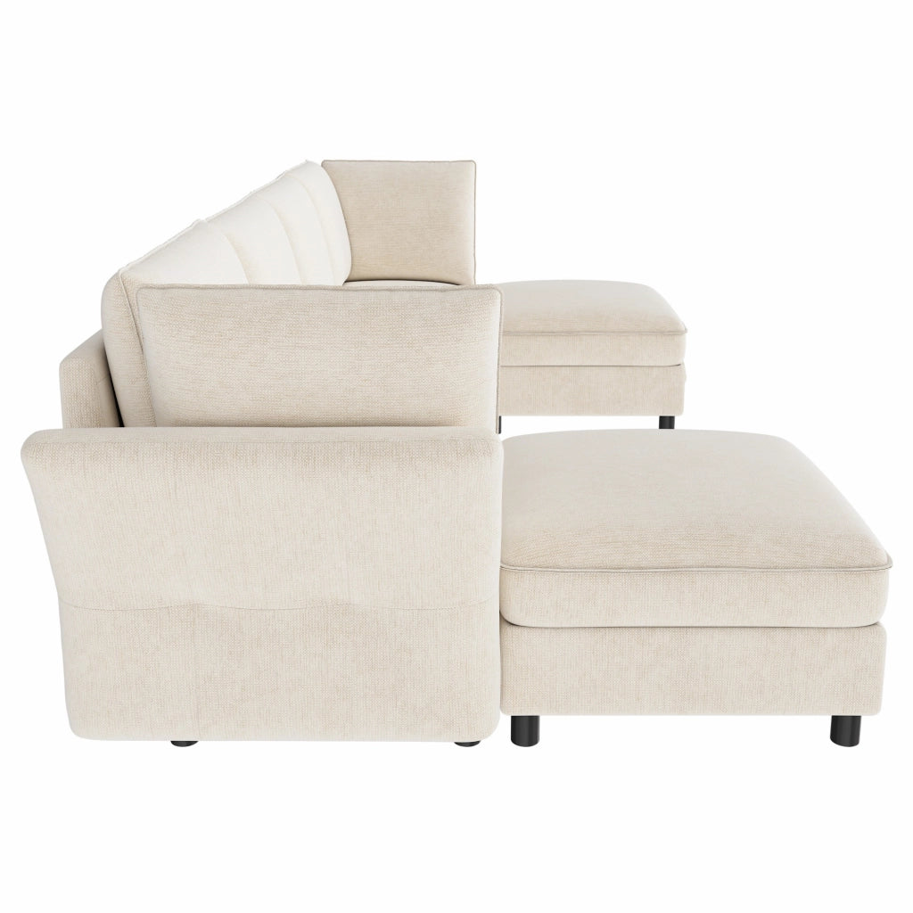 Divano Angolare Modulare 6 Posti con Contenitore e 2 Pouf, Chenille Beige, 289 × 137 × 84 cm