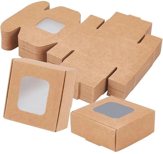Cadeau in cartone trasparente 48 pezzi - Carta kraft - Ripiegabile - Vetrina trasparente - Scatola di regalo - Scatola per caramelle - 5,5 x 5,5 x 2,5 cm - Dozzina di imballaggio