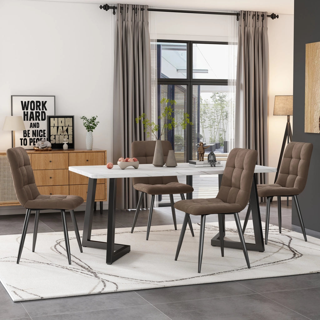Set Tavolo da Pranzo con 4 Sedie Imbottite ¨C Xylo ¨C Piano Rettangolare 117x68 cm, Velluto Marrone, Gambe Nere
