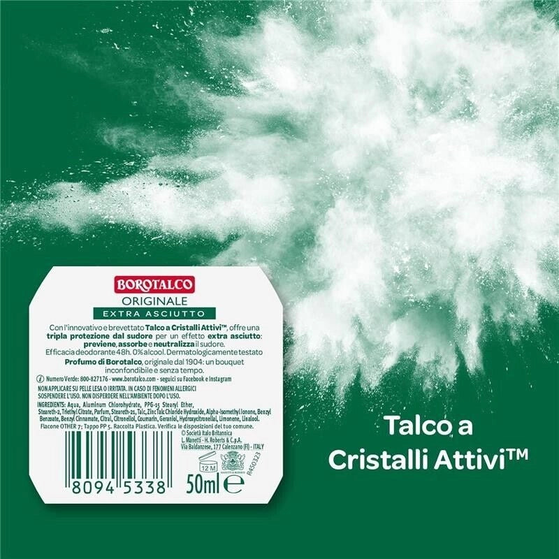 BOROTALCO ROLL-ON 50 ML FORMULA SENZA ALCOOL EFFICACIA FRESCA 48H TALCO CRISTALLI ATTIVI