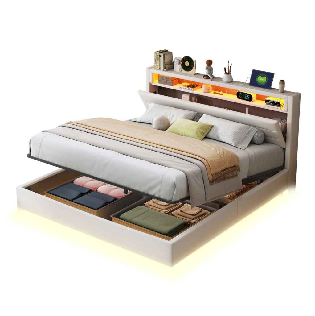 Letto imbottito 160x200 cm; con USB e luci LED; tessuto in lino; beige