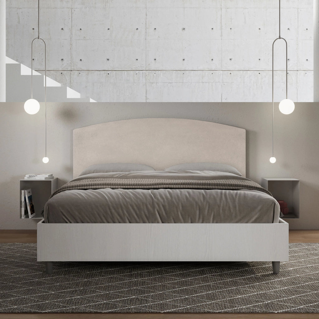 BS COM Letto matrimoniale senza rete 160x200 bianco frassino testata microfibra sabbia