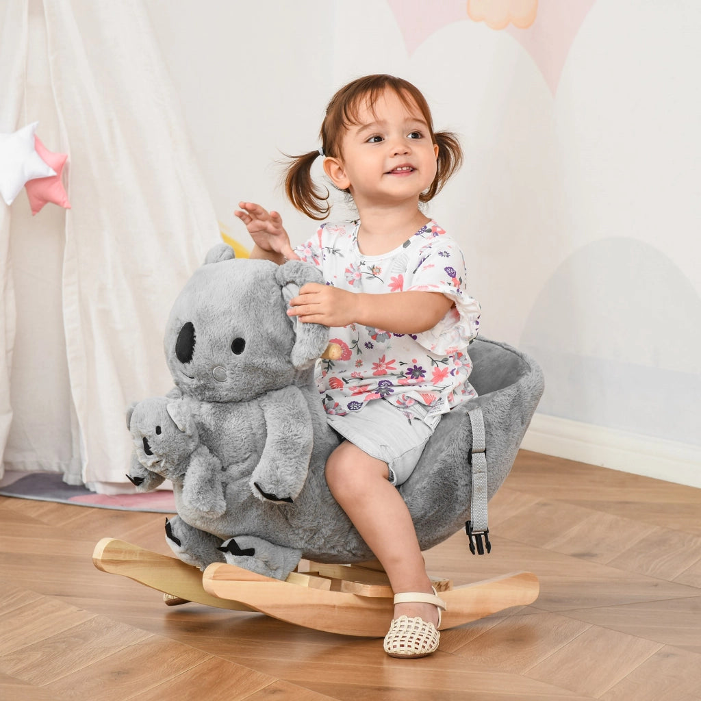 EasyComfort Cavallo a Dondolo Koala in Peluche Imbottita con Suoni, Cintura di sicurezza e Base in Legno, 60x33x50cm, Grigio