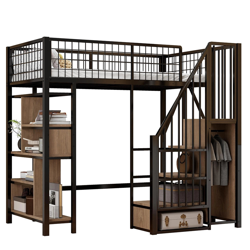 Letto a soppalco - Xylo - 90x200 cm nero con ripiani e scala