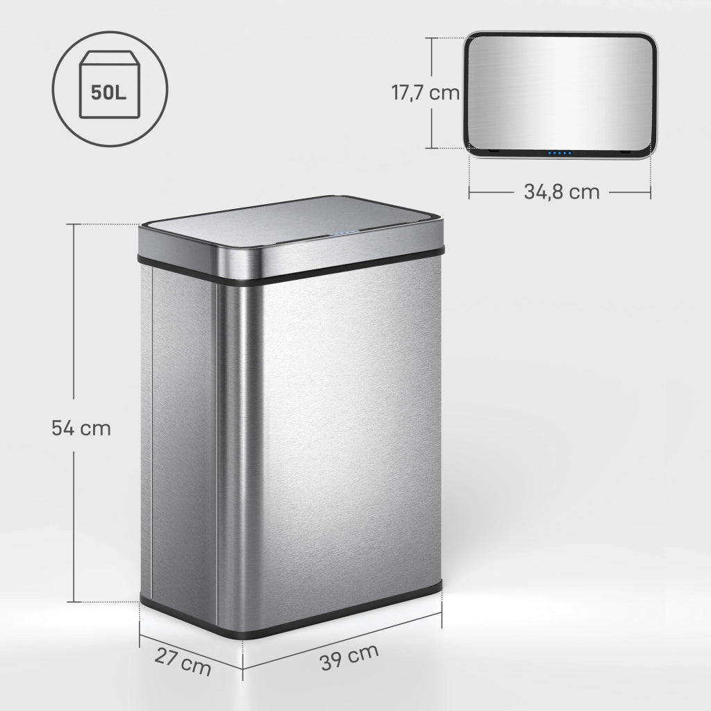 Pattumiera Automatica 50 Litri con Coperchio Soft Close ¨C Minimal ¨C Acciaio Inossidabile Argento