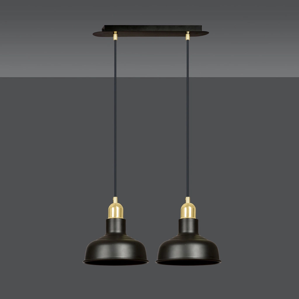 Lampadario Industrial 2 Luci Kubera In Acciaio Nero Con Elementi In Oro
