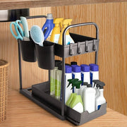 Organizzatore per sotto il lavello - 2 strati organizzatore per lavello - piastra estensibile per sotto il lavello con 4 ganci e 2 contenitori - organizzatore per cucina, lavello, bagno, armadio, nero