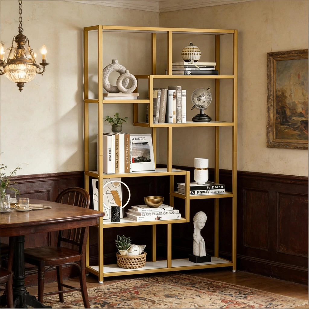 LIBRERIA a 8 ripiani 180x100x20 cm Metallo Oro e Bianco effetto marmo