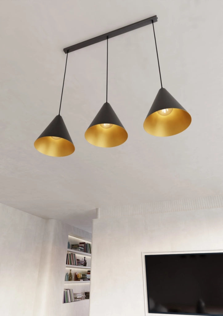 Lampadario sospensione Rebel 3 luci nero oro Emibig