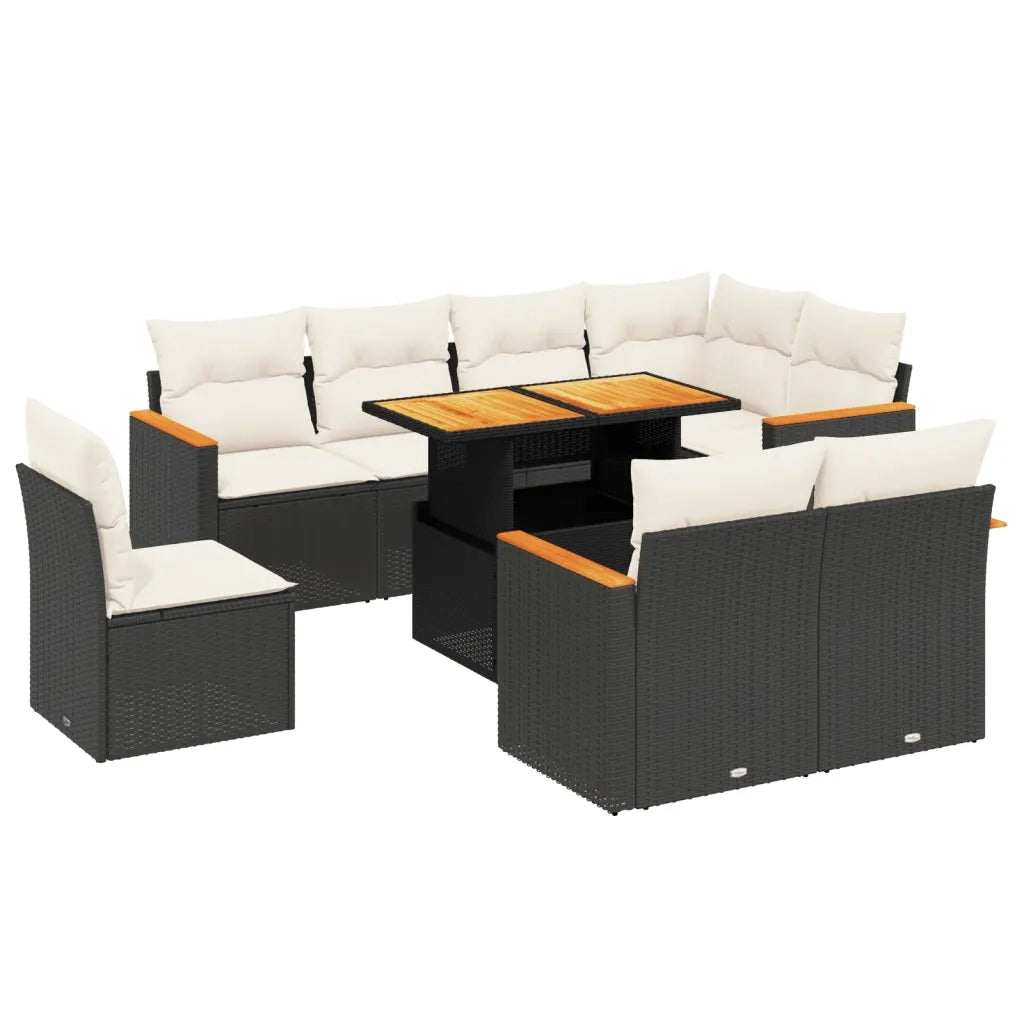 Set Divani da Giardino 9 pz con Cuscini Nero in Polyrattan