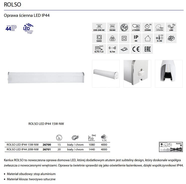 Kanlux ROLSO 26700 applique LED 15W 4000K IP44 60cm