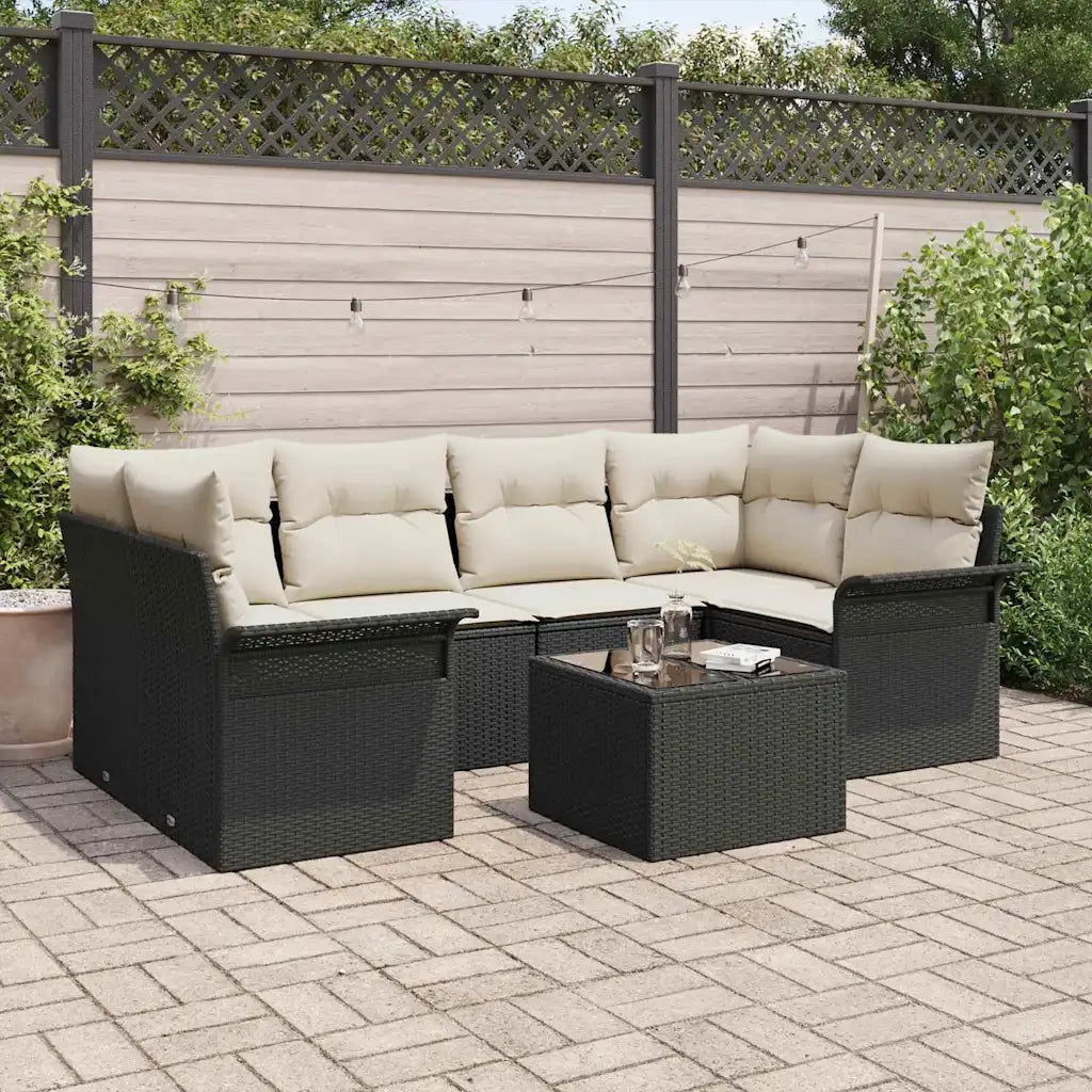 Set Divano da Giardino con cuscino 7 pcs Nero polyrattan