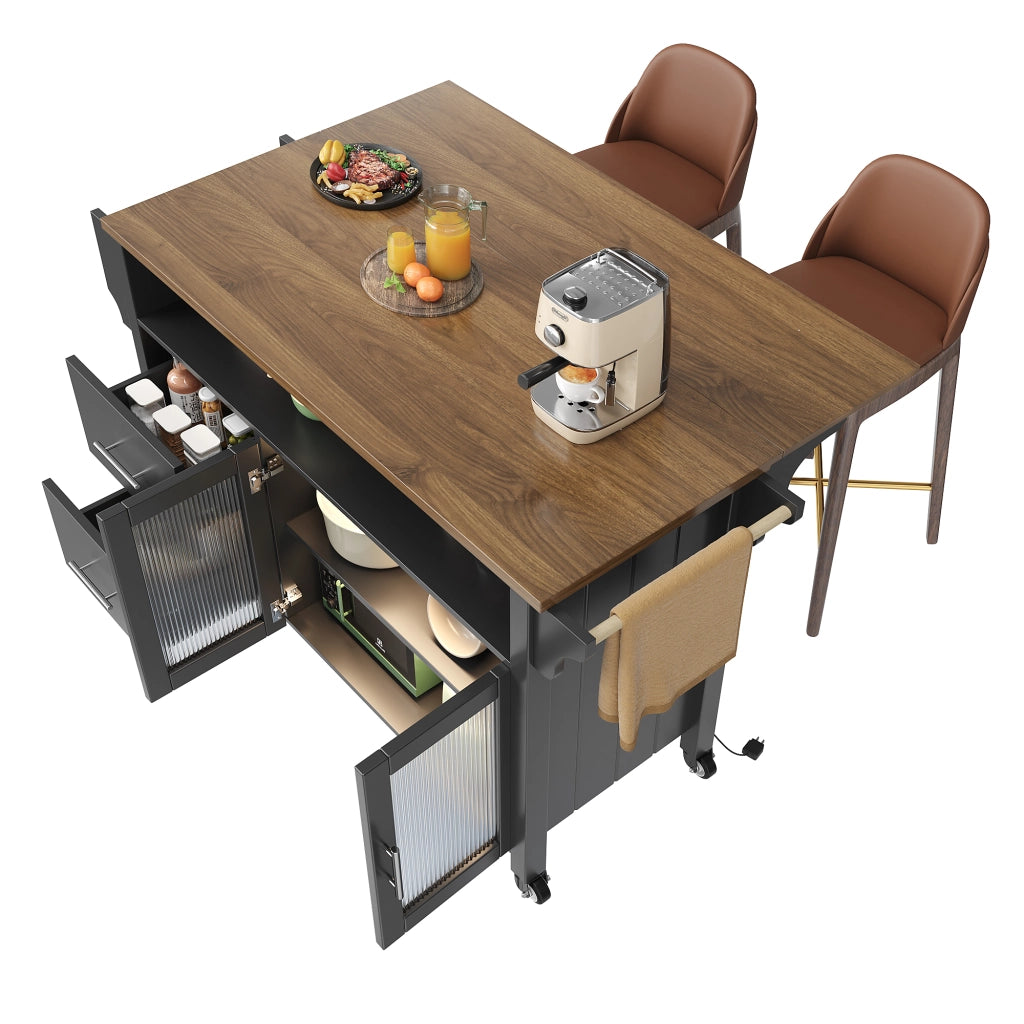 Isola Cucina con Vetrina LED e Ruote ¨C MINIMAL ¨C Nero, Legno