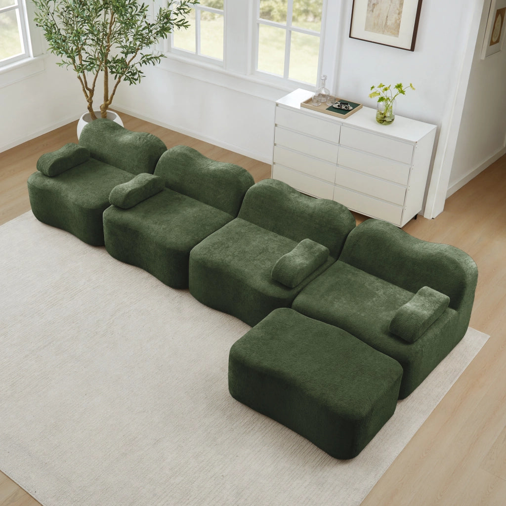 Divano Angolare Modulare 4 Posti con Ottoman ¨C MINIMAL ¨C Tessuto Verde, Cuscini Morbidi