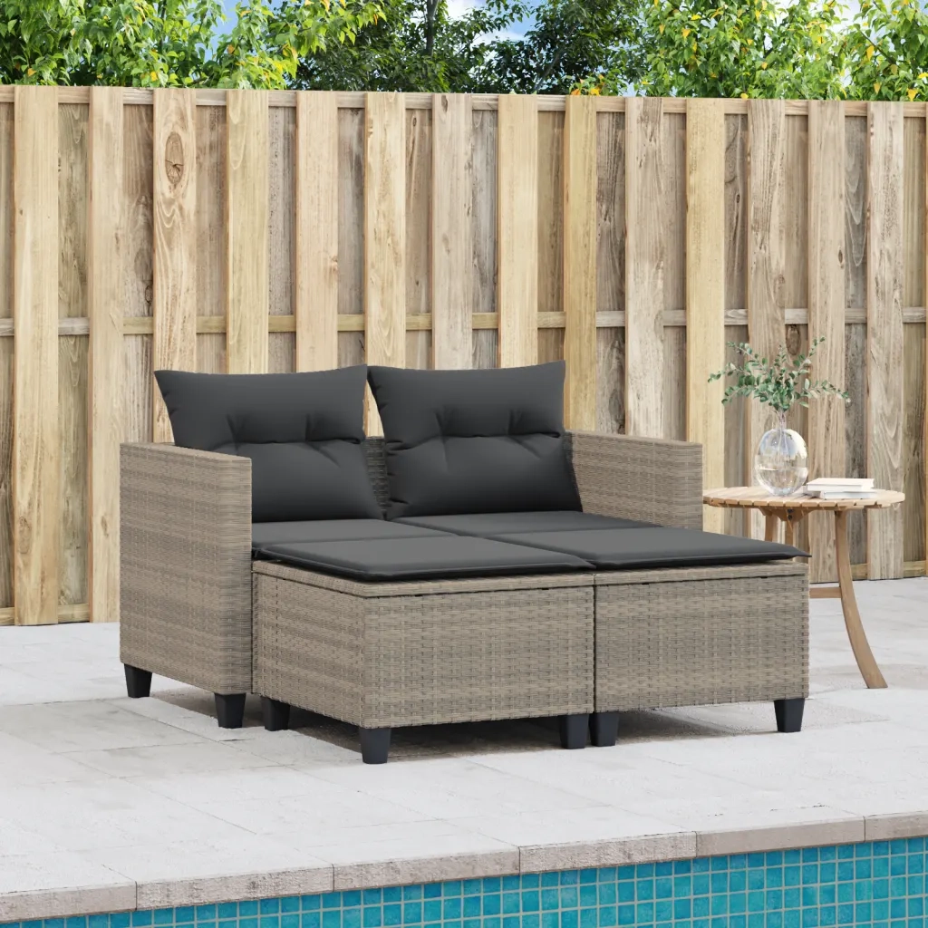 Divano da Giardino 2 Posti con Sgabelli-Sofa da Giardino-Divano da esterno Grigio Chiaro Polyrattan