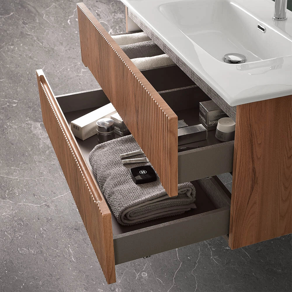 Mobile bagno sospeso cannettato 60 cm noce canaletto con lavabo Bali