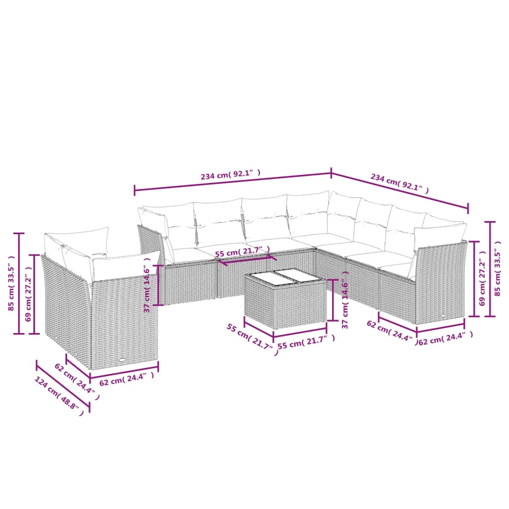 Set Divani da Giardino 10pz con Cuscini in Polyrattan Nero