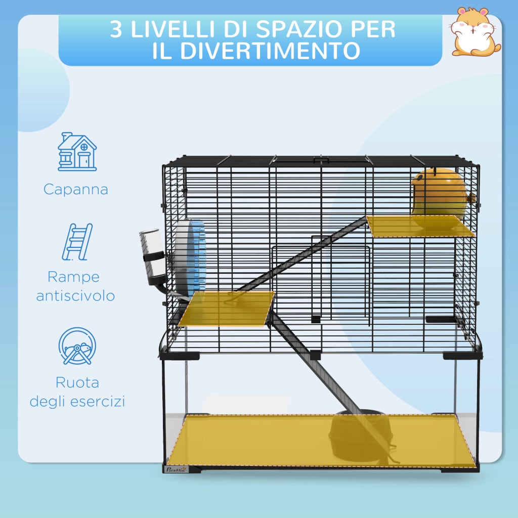 Gabbia per Criceti a 3 Livelli con Ruota ¨C Minimal ¨C 60x40x57cm, Nero
